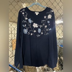 Style & Co Navy Blue With Embroidered Flowers Sweatshirt